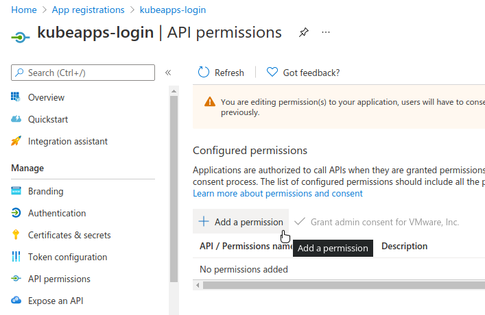 Add permissions screen